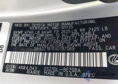 2025 Lexus Es 350 z USA, uszkodzony, nr VIN 58ADZ1B15SU197069